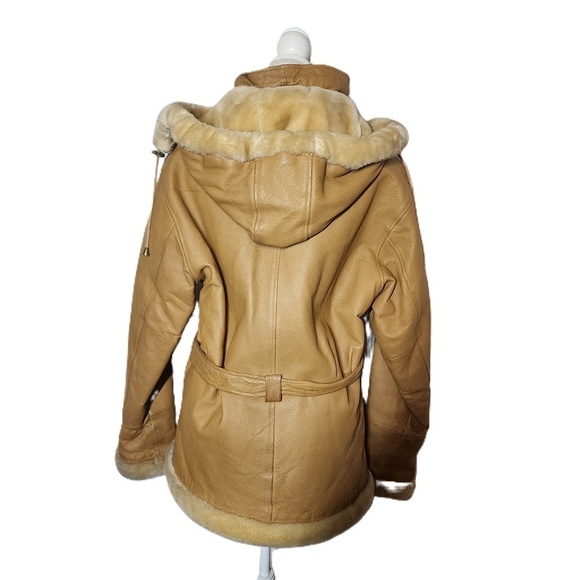 Vintage XL Leather Fur Trim Shearling Belted Coat Tan Marcia Collection - Picture 3 of 13